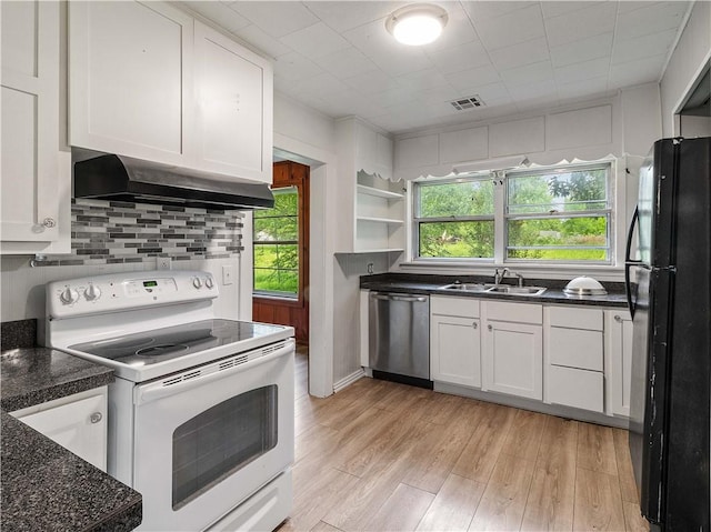 kitchen with exhaust hood, stainless steel dishwasher, white electric range, a sink, and freestanding refrigerator