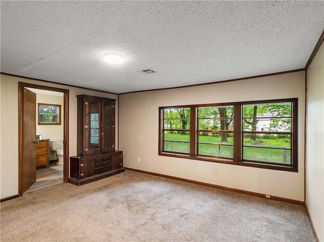 carpeted spare room with a textured ceiling, baseboards, and visible vents