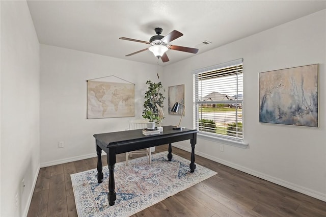 office featuring ceiling fan, dark wood-style floors, and baseboards