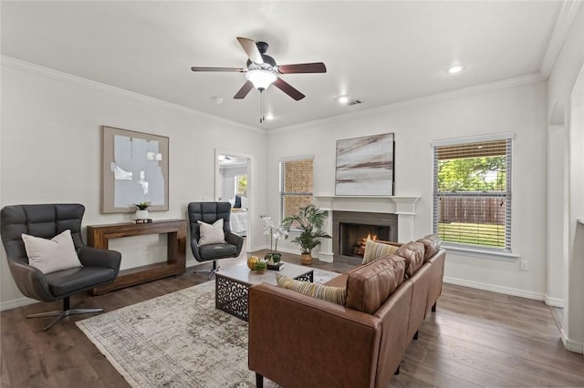 living area featuring a lit fireplace, wood finished floors, baseboards, a ceiling fan, and ornamental molding