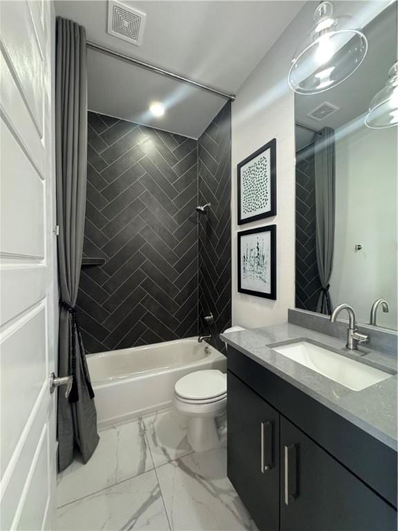 bathroom with visible vents, toilet, marble finish floor, vanity, and shower / bathing tub combination