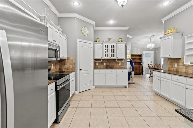 kitchen featuring light tile patterned floors, white cabinetry, appliances with stainless steel finishes, and open shelves