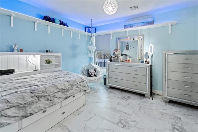 bedroom with marble finish floor and visible vents