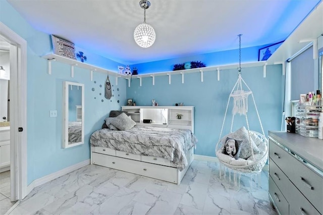 bedroom with marble finish floor and baseboards