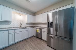 kitchen featuring appliances with stainless steel finishes, light wood-type flooring, a sink, and backsplash