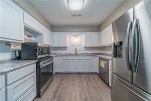 kitchen featuring stainless steel appliances, a sink, white cabinetry, light wood-style floors, and backsplash