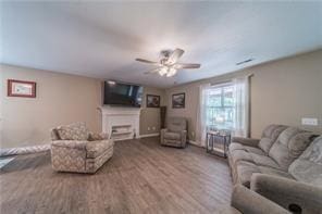 living room with ceiling fan, a fireplace, and wood finished floors