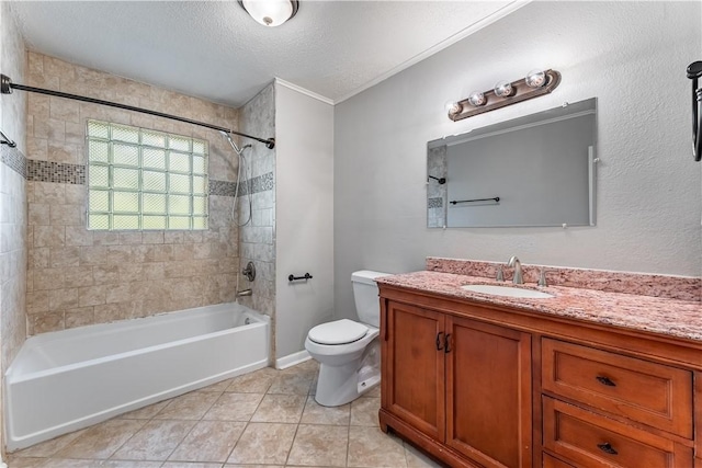 full bath featuring a textured ceiling, shower / tub combination, toilet, vanity, and tile patterned floors