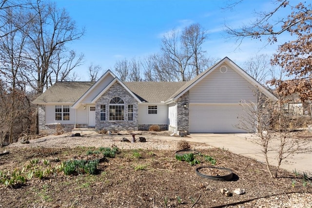 ranch-style house with driveway, stone siding, and an attached garage