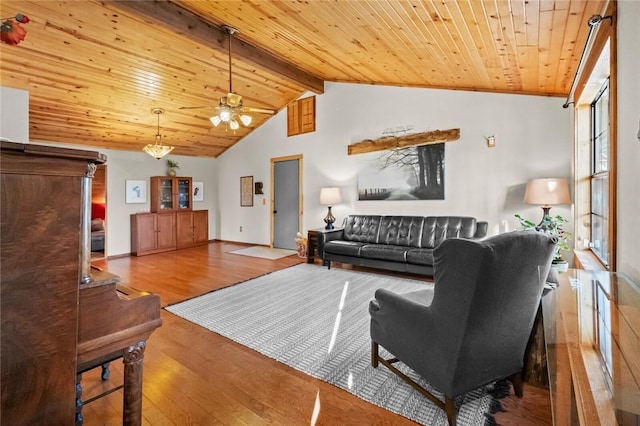 living area featuring a ceiling fan, wood finished floors, wood ceiling, and vaulted ceiling