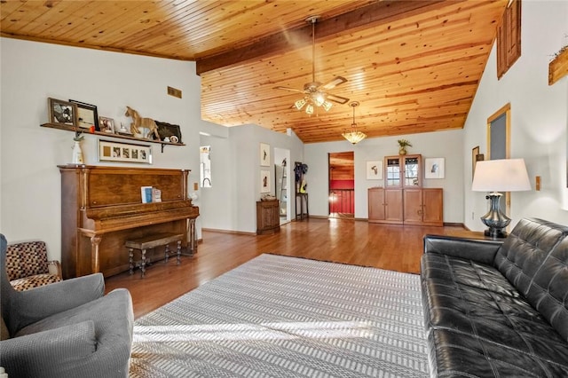 living room with a ceiling fan, wood finished floors, high vaulted ceiling, wooden ceiling, and beamed ceiling