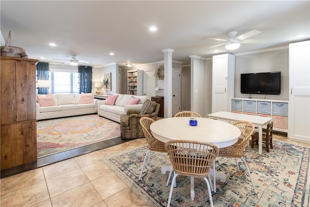 dining space featuring recessed lighting, a ceiling fan, ornamental molding, and light tile patterned flooring