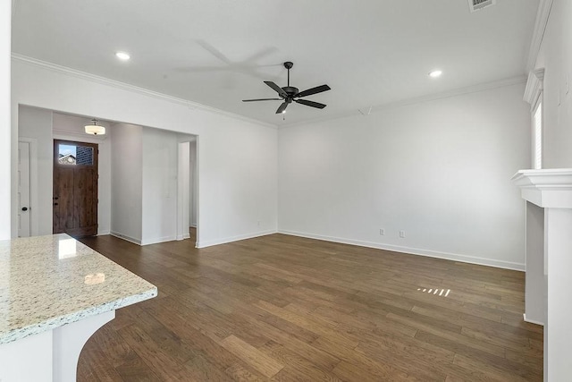 unfurnished living room featuring ceiling fan, recessed lighting, baseboards, ornamental molding, and dark wood finished floors