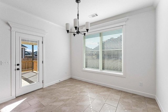 unfurnished dining area featuring crown molding, baseboards, visible vents, and a notable chandelier