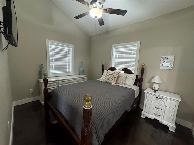 bedroom with lofted ceiling, ceiling fan, and baseboards