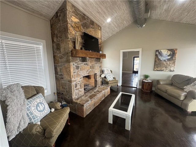 living room with finished concrete flooring, a stone fireplace, high vaulted ceiling, wooden ceiling, and baseboards