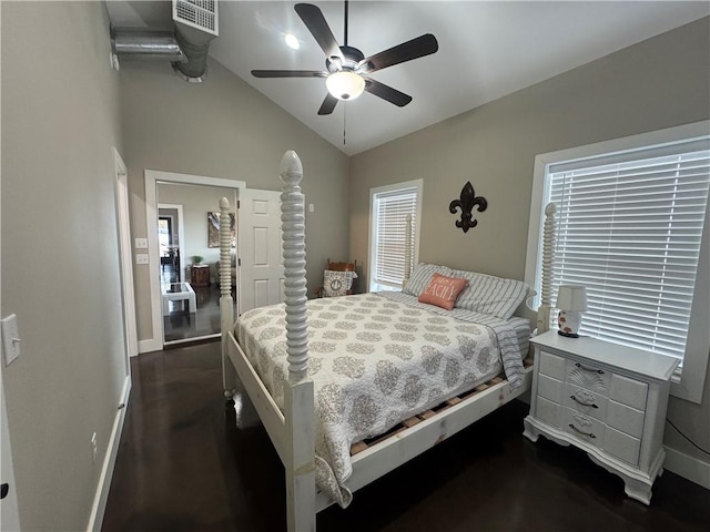 bedroom featuring a ceiling fan, lofted ceiling, visible vents, and baseboards