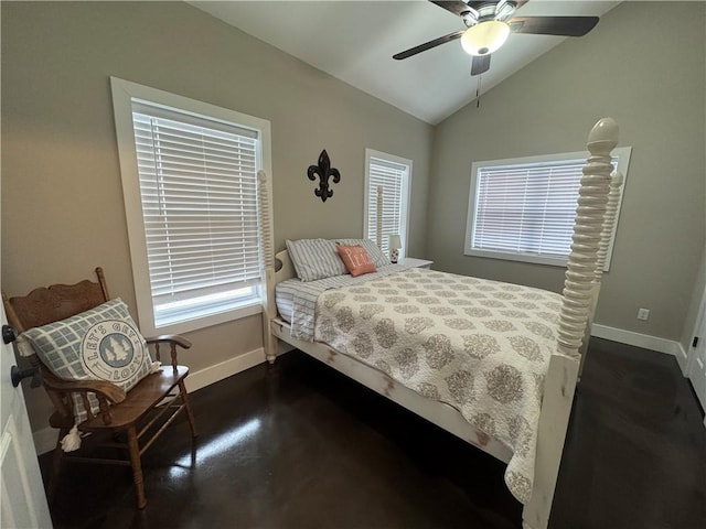 bedroom featuring a ceiling fan, lofted ceiling, and baseboards