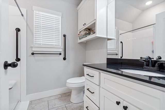 full bathroom featuring baseboards, walk in shower, toilet, and tile patterned floors