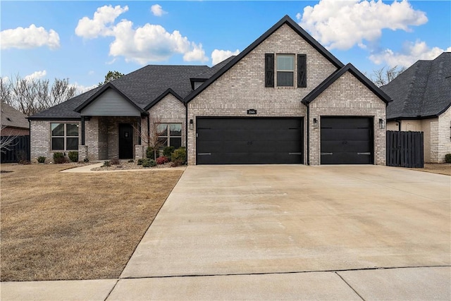 french provincial home featuring brick siding, roof with shingles, concrete driveway, fence, and a front lawn