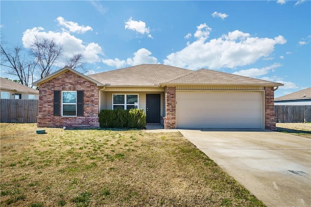 ranch-style house with an attached garage, concrete driveway, a front yard, and fence