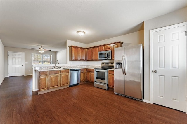 kitchen featuring brown cabinetry, a peninsula, a sink, dark wood-type flooring, and appliances with stainless steel finishes