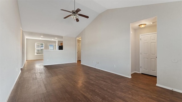 unfurnished living room featuring high vaulted ceiling, baseboards, a ceiling fan, and wood finished floors