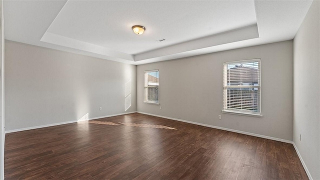 spare room with baseboards, a raised ceiling, and wood finished floors