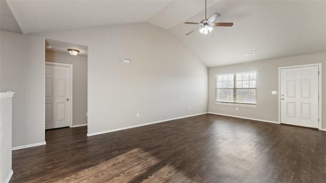 unfurnished living room with visible vents, dark wood-style floors, baseboards, ceiling fan, and vaulted ceiling