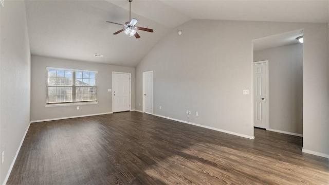 unfurnished room with visible vents, high vaulted ceiling, a ceiling fan, dark wood finished floors, and baseboards