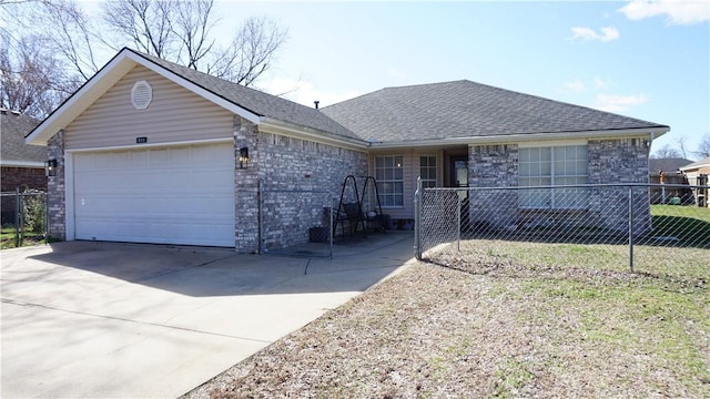 single story home with driveway, a shingled roof, a garage, and fence