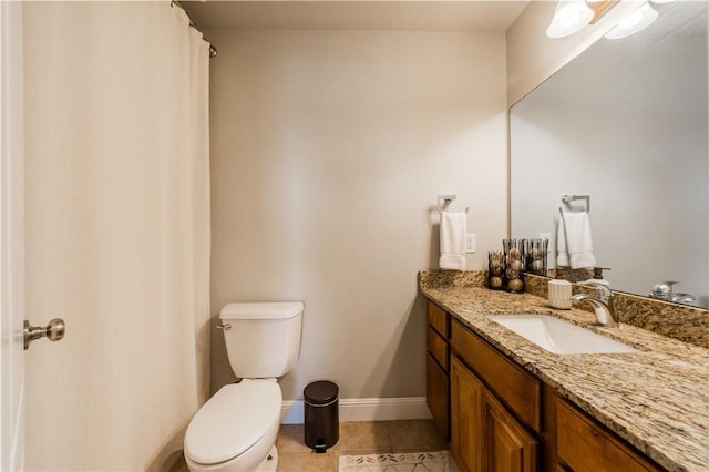 bathroom featuring tile patterned floors, baseboards, toilet, and vanity