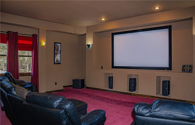 carpeted home theater featuring recessed lighting and baseboards