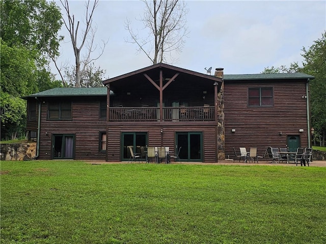 725 County Road 455, Berryville, AR 72616 - rear view of property featuring a chimney, a lawn, a patio area, and a balcony