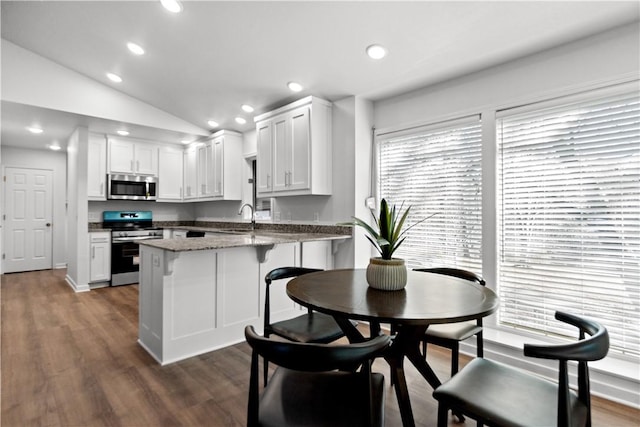 kitchen with a sink, recessed lighting, appliances with stainless steel finishes, a peninsula, and lofted ceiling