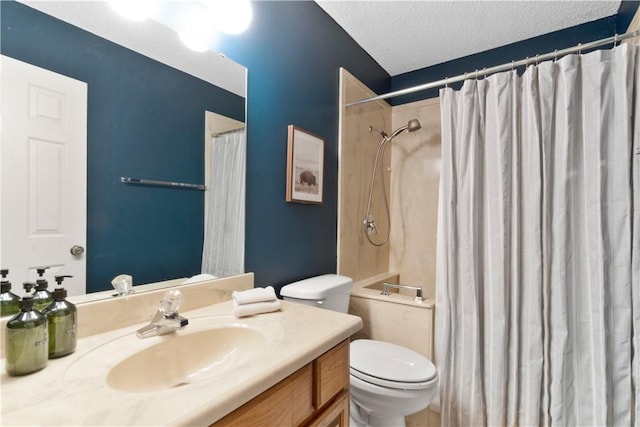 bathroom with vanity, toilet, shower / bath combo with shower curtain, and a textured ceiling