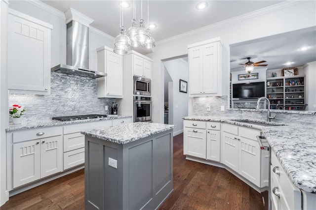 kitchen featuring a sink, stainless steel appliances, wall chimney exhaust hood, and dark wood-style flooring