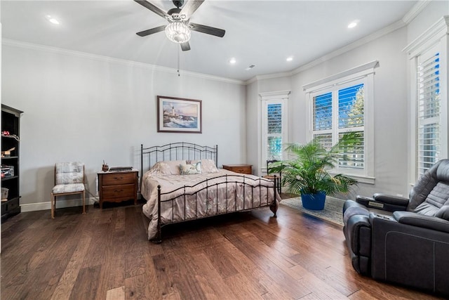 bedroom with baseboards, recessed lighting, dark wood-style flooring, ceiling fan, and ornamental molding