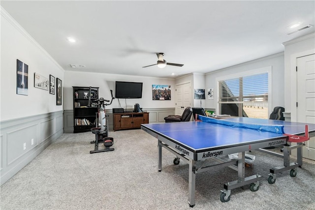 game room with crown molding, recessed lighting, visible vents, and ceiling fan