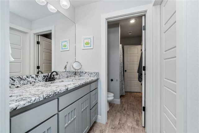 bathroom featuring toilet, vanity, baseboards, and wood finished floors