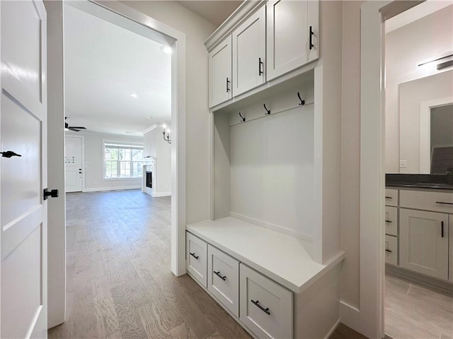 4412 W Bronco Dr, Fayetteville, AR 72704 - mudroom with light wood-style floors and a ceiling fan