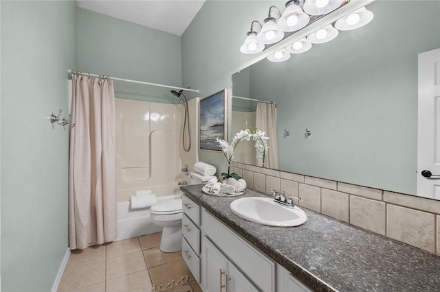 full bathroom with toilet, decorative backsplash, tile patterned floors, vanity, and shower / bathtub combination with curtain