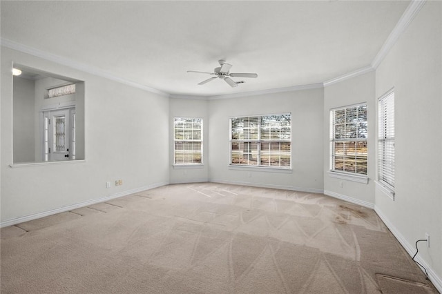 spare room with carpet flooring, crown molding, and baseboards