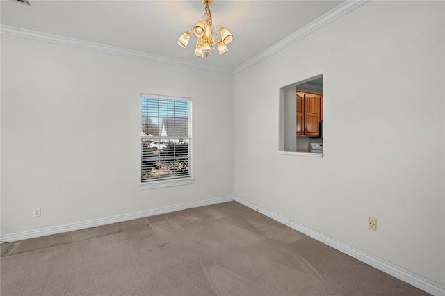 unfurnished room with light carpet, baseboards, an inviting chandelier, and ornamental molding