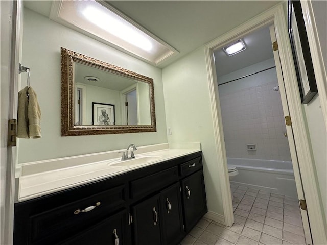 bathroom featuring vanity, visible vents, tile patterned flooring, shower / tub combination, and toilet