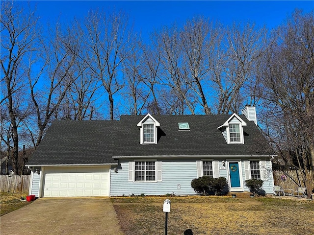 cape cod home featuring a front lawn, fence, roof with shingles, concrete driveway, and a garage