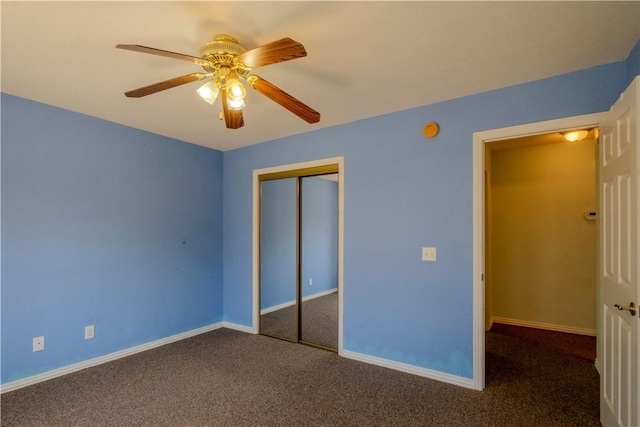 unfurnished bedroom featuring ceiling fan, carpet, a closet, and baseboards