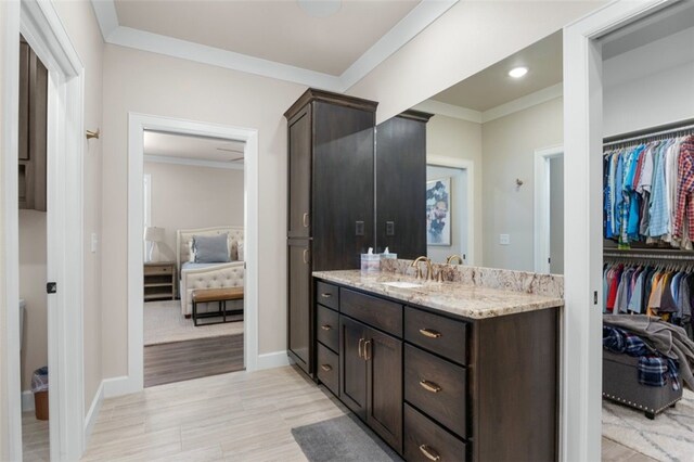 bathroom with vanity, wood finished floors, baseboards, ornamental molding, and a spacious closet