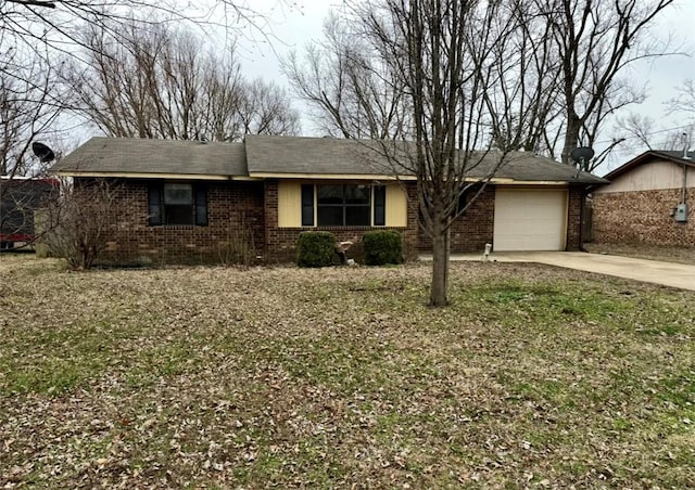 single story home featuring brick siding, concrete driveway, and a garage