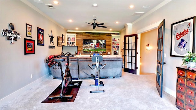 workout room with visible vents, recessed lighting, french doors, carpet flooring, and baseboards